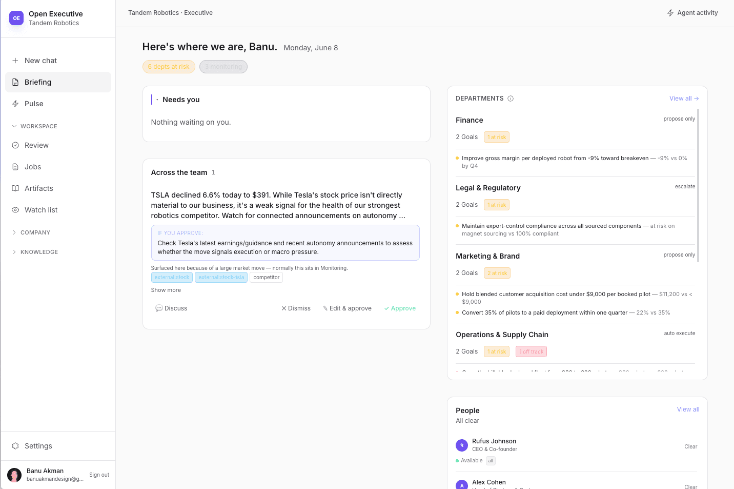Open Executive briefing screen: overnight signals triaged into decisions to approve, edit, or dismiss.