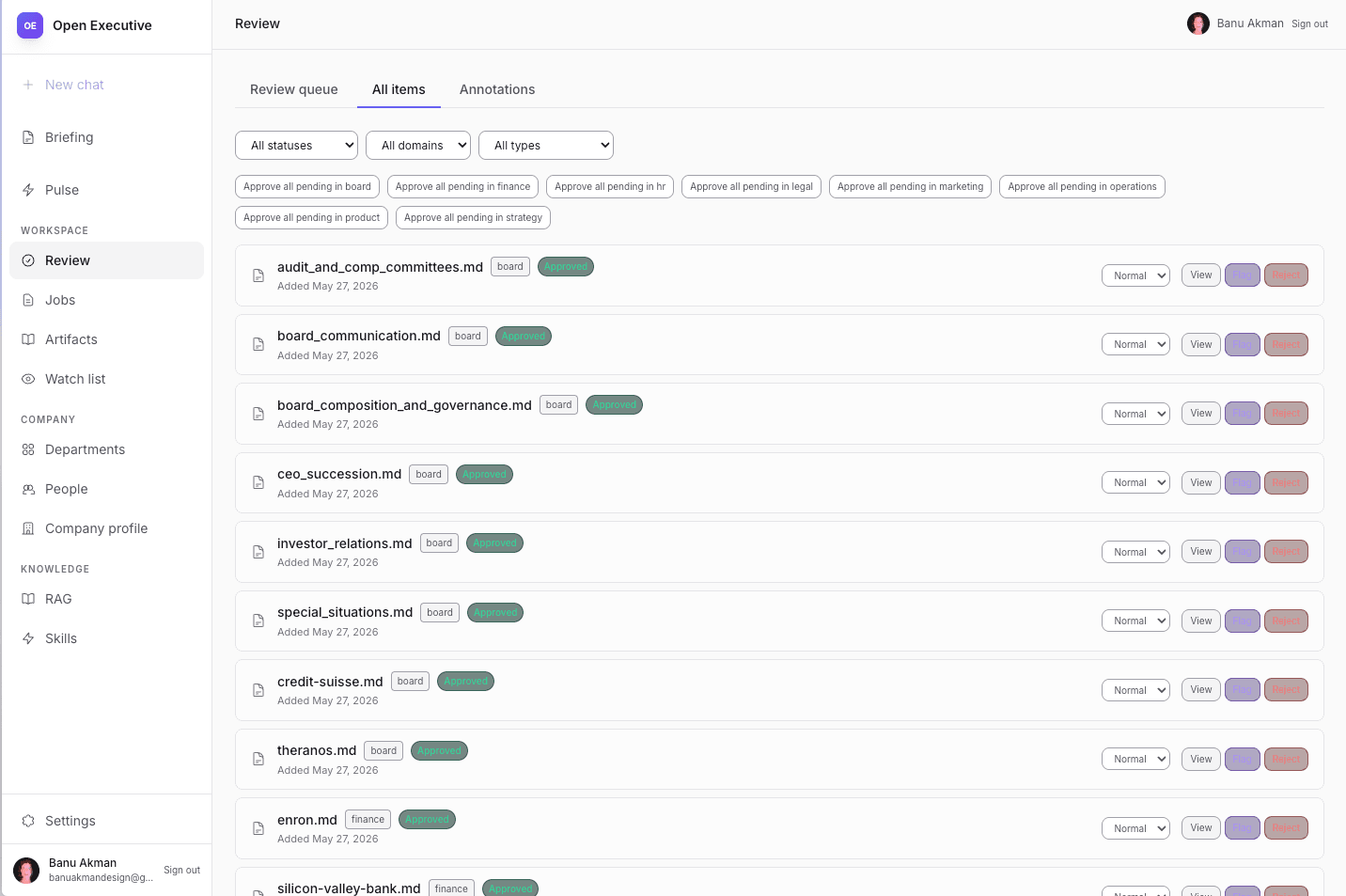 Deliverables library: board decks, plans, and reviews filed and searchable.