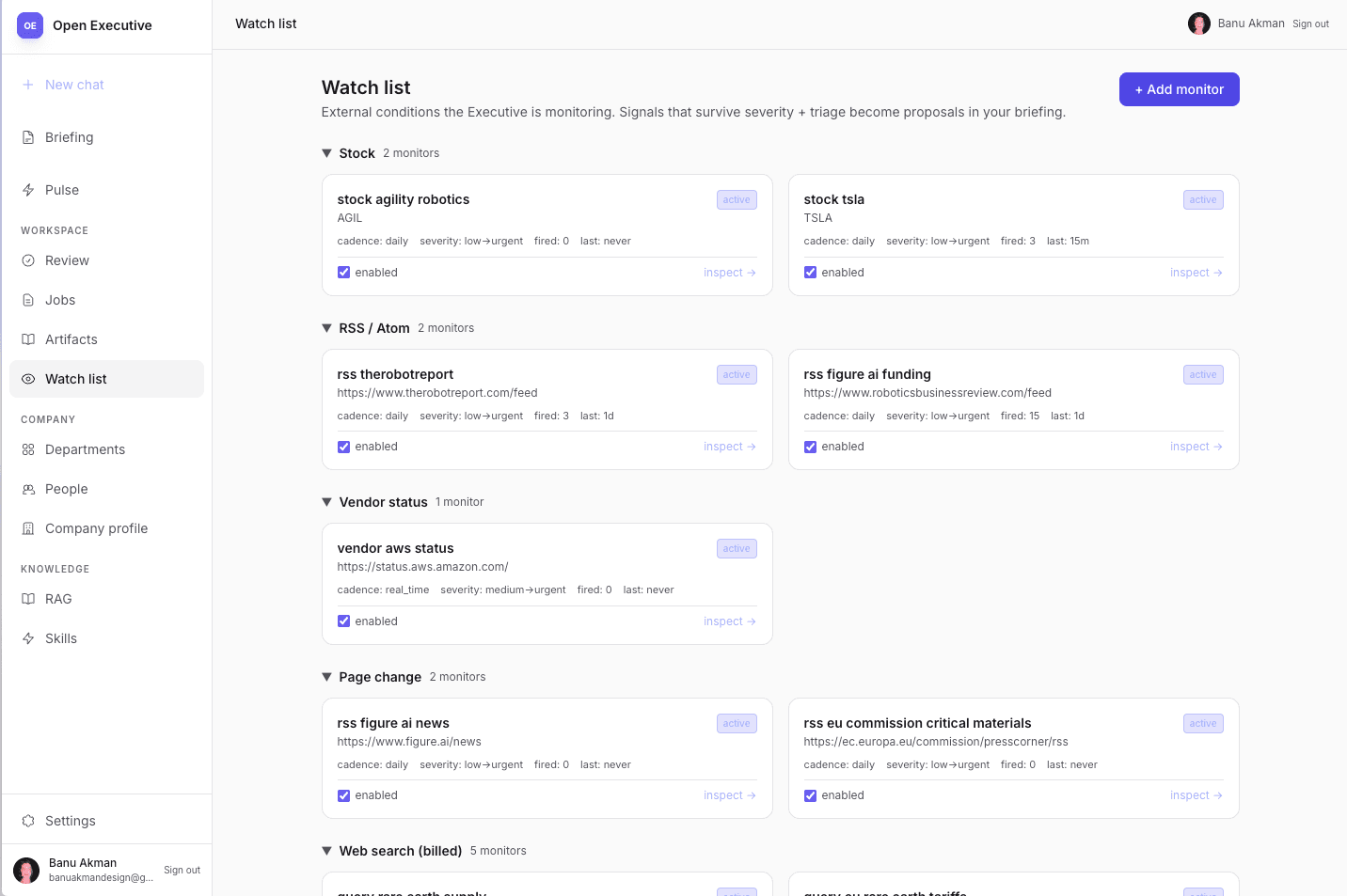 Watch list: external monitors for competitors, filings, and vendor status.